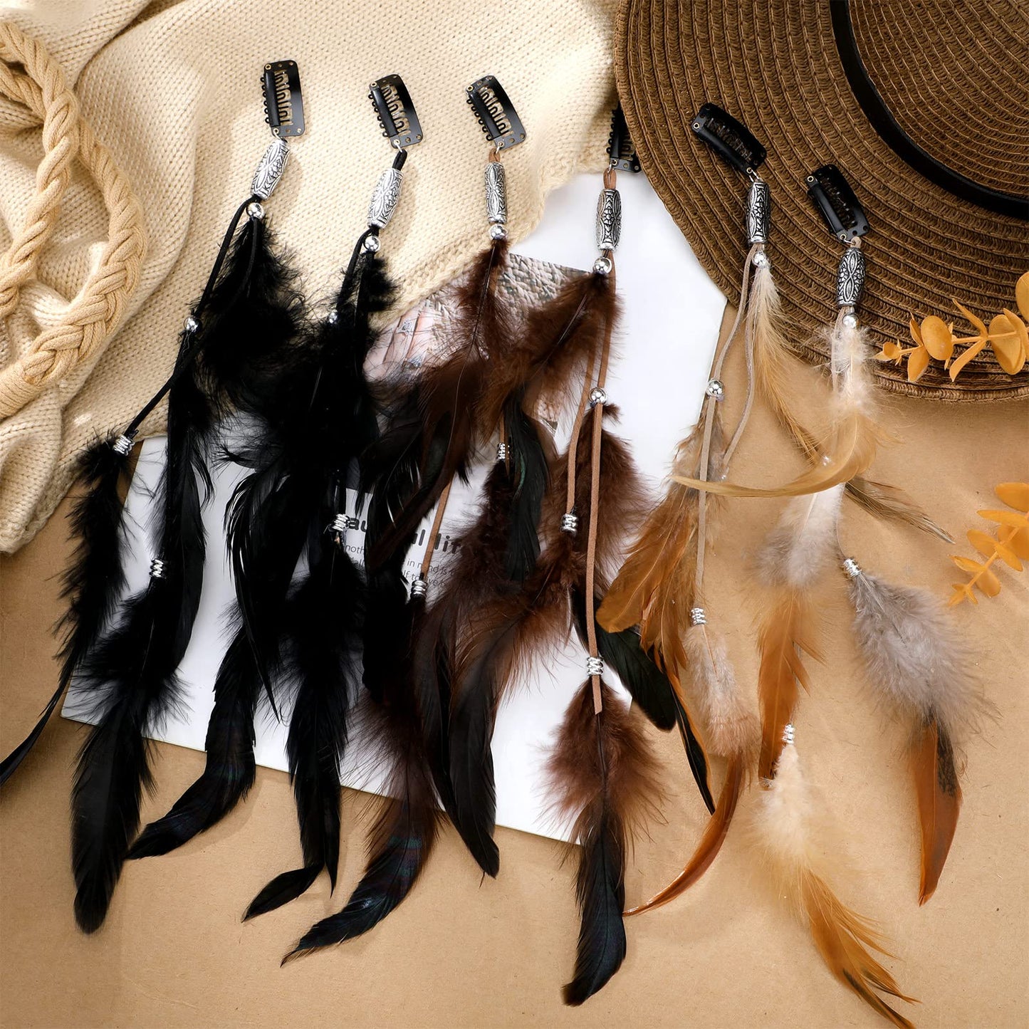 Geyoga 12 Pcs Feather Hair Extensions Colored Clip in Hair Feathers for Women Carnival Cosplay Costume Summer Party Headdress Boho Feather Clip Accessory Gifts(Brown, Black, Dark Coffee)