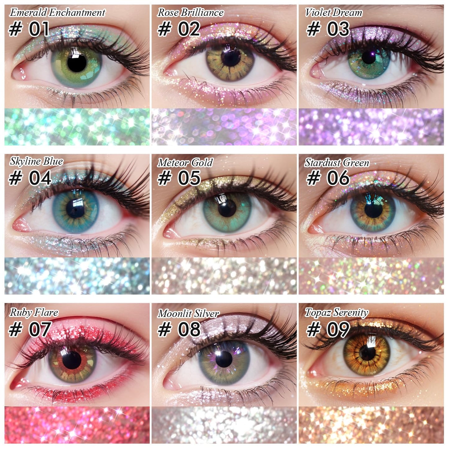 CHARMACY 3 Pcs Glitter Sparkling Eyeliner Liquid Makeup Set, Metallic Shimmer Glitter Eyeshadow, High Pigmented, Waterproof Long Lasting Quick Drying Liquid Liner for Eyes (Red Silver Golden)