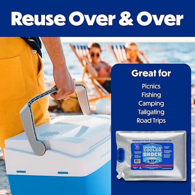 Cooler Shock Reusable Ice Packs for Cooler - Long Lasting Cold Freezer Packs for Coolers and Lunch Boxes - Cooler Ice Packs for Camping Gear, Fishing, Road Trips, Beach Must Haves