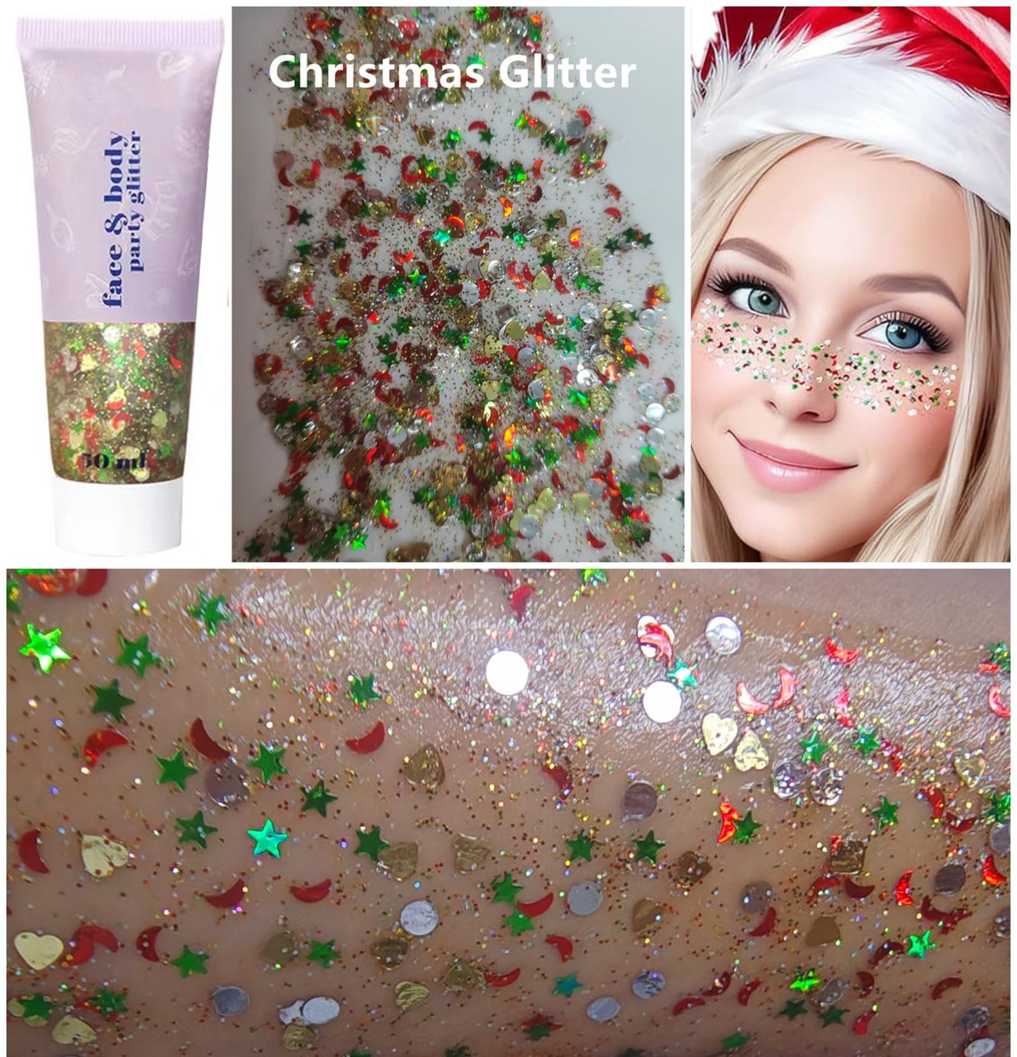Go Ho Christmas Body Hair Face Glitter Gel,Christmas Glitters Face Paint,Holographic Colorful Sequins Chunky Reflective Face Glitter Makeup,Festival Rave Outfits for Women