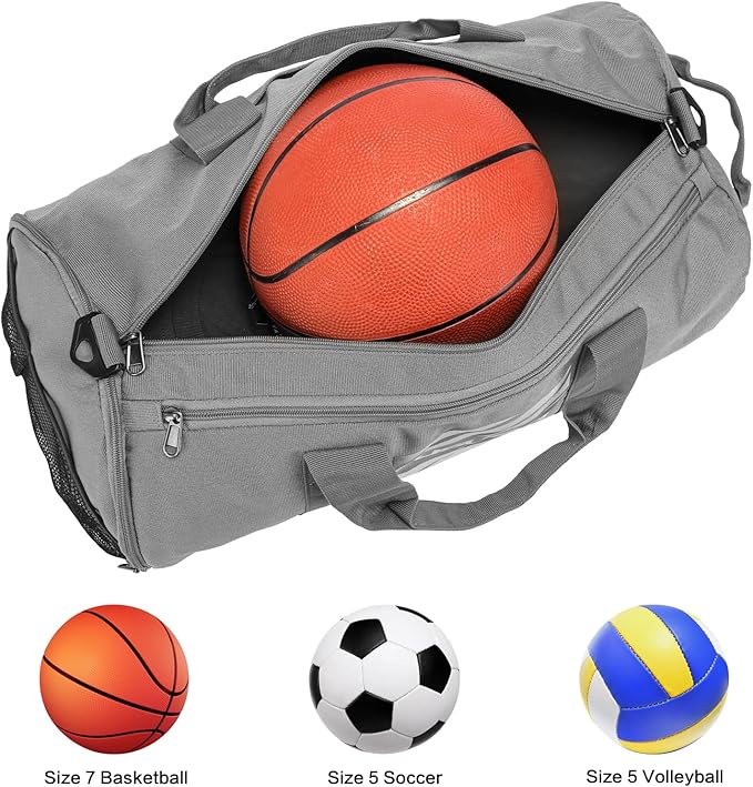 TUGUAN Basketball Gym Bags for Men Women Small Travel Duffle Bag Wet Pocket & Shoes Compartment Overnight Weekender Duffel Bag Sports Gym Tote bag Man 40L, grey