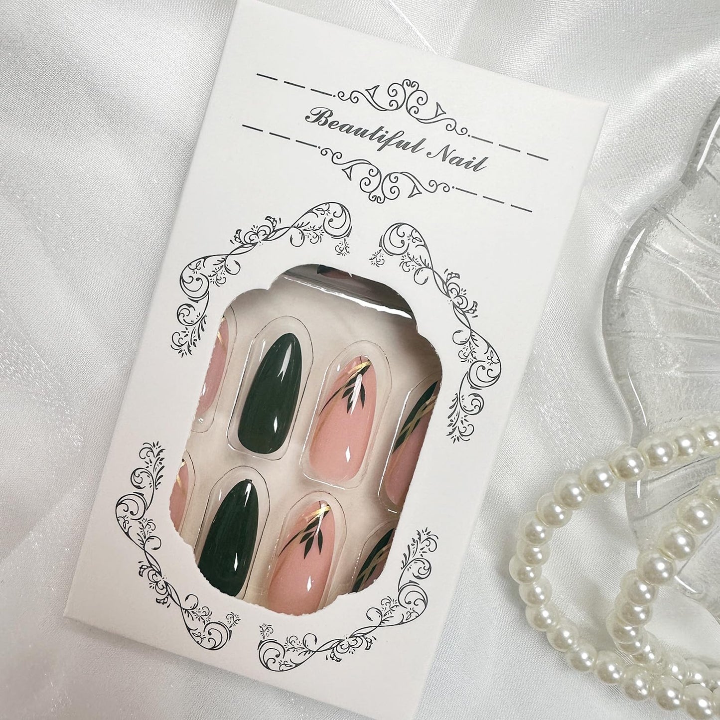Green Press on Nails Short Almond Fake Nails with Designs Leaf False Nails Press ons Gold Swirl Glue on Nails Glossy Full Cover Acrylic Nail Artificial Cute Stick on Nails Manicure for Women 24Pcs