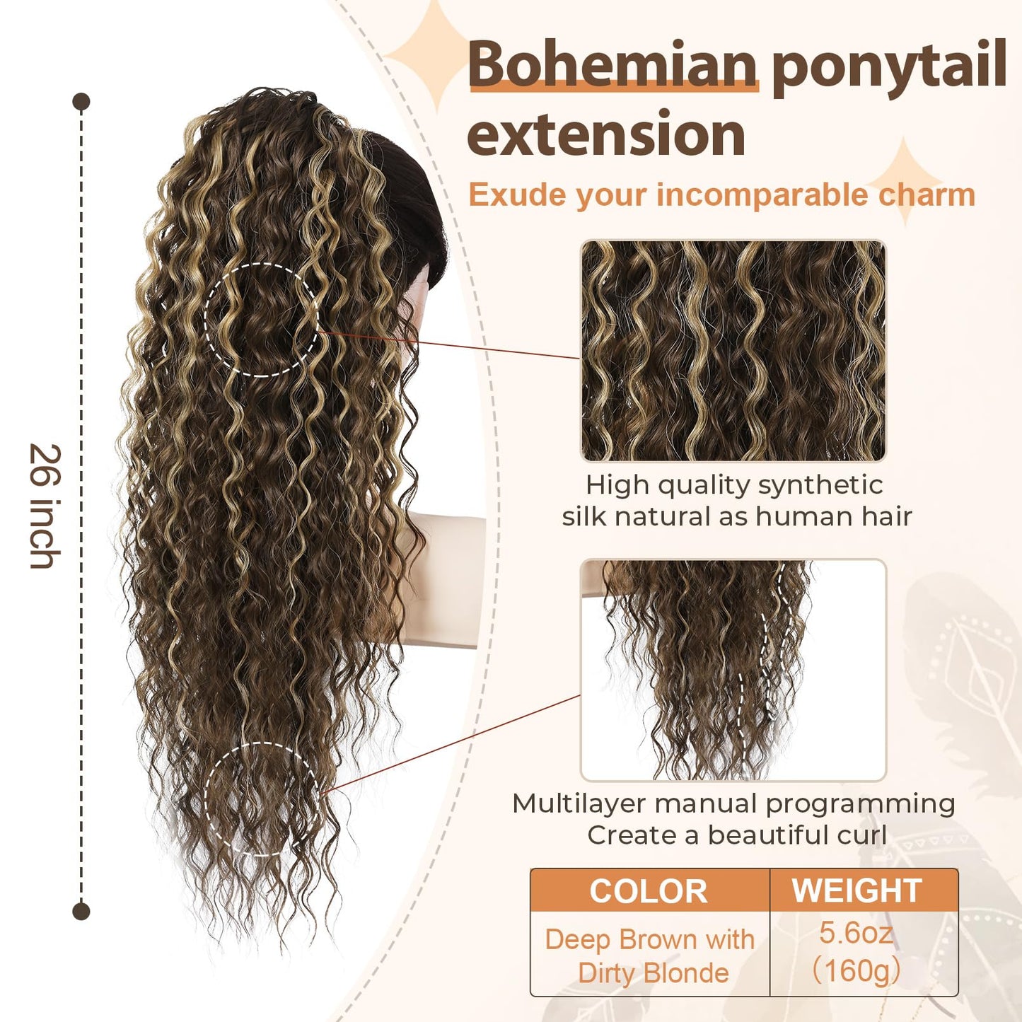 Flufymooz Ponytail Extension, 26 Inch Bohemian Style Drawstring Ponytail Hair Extensions for Women, Long Curly Wavy Pony Tail Natural Synthetic Hairpiece for Women (Deep Brown with Dirty Blonde)