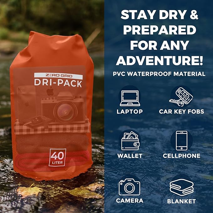 Zero Grid Waterproof Dry Bag - Floating Roll Top Drybag Keeps Dry 10L/20L/30L/40L Sizes for Backpacking, Kayaking, Boating, Camping, Fishing, Hiking, Made from Tough 500D Material