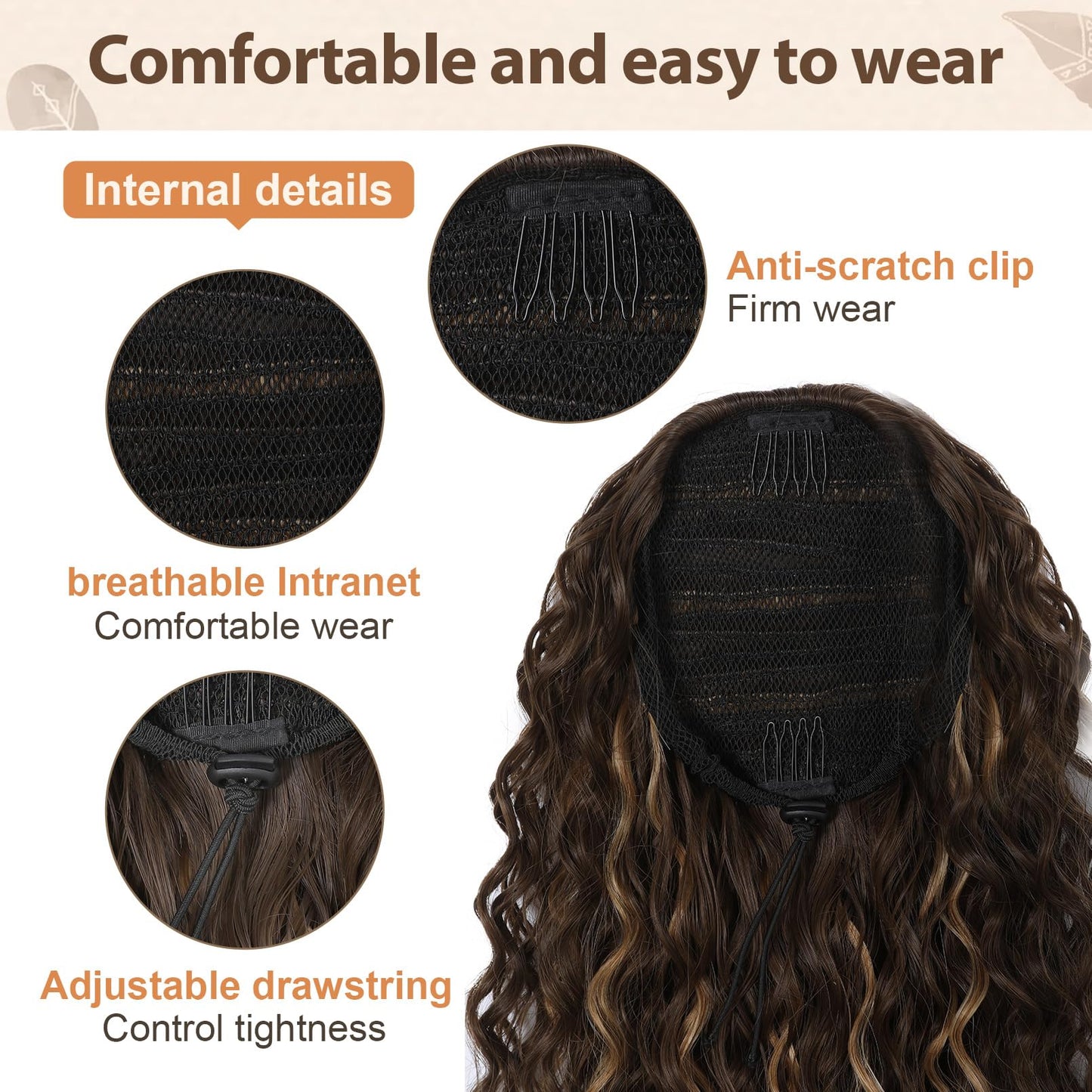 Flufymooz Ponytail Extension, 22 Inch Bohemian Style Drawstring Ponytail Hair Extensions for Women, Long Curly Wavy Pony Tail Natural Synthetic Hairpiece for Women (22 Inch Natural Black)