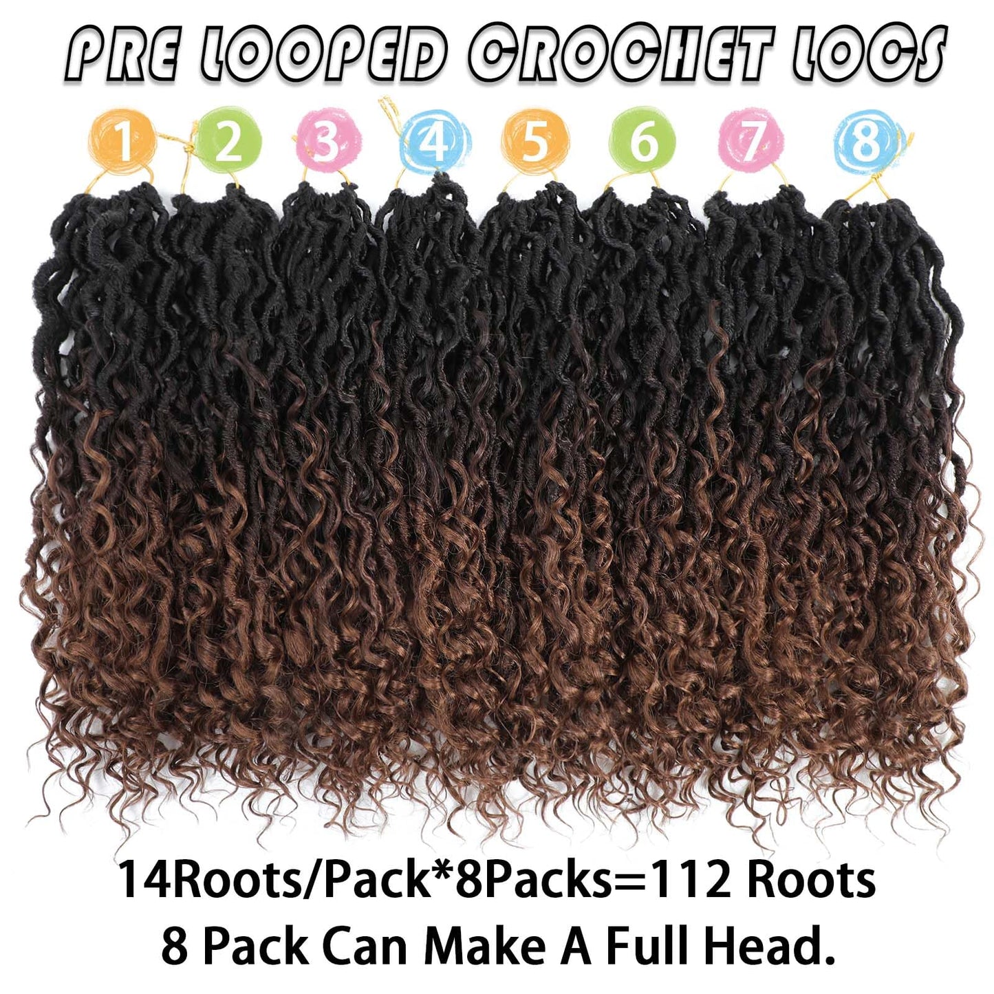 Col Bling Goddess Locs Crochet Hair 14 Inch 8 Packs Ombre Faux Locs Crochet Hair for Women Pre Looped Crochet Boho Goddess Faux Locs Crotchet Hair with Curly Ends #1B/4/30