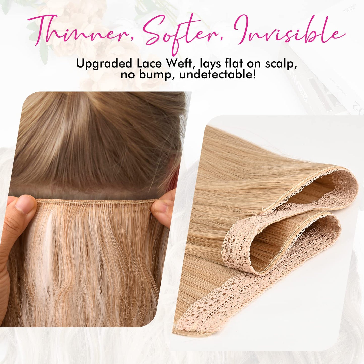 REECHO Invisible Wire Hair Extensions with Thinner Softer Lace Weft (Dark Blonde with Highlights, 12 Inch (Pack of 1))