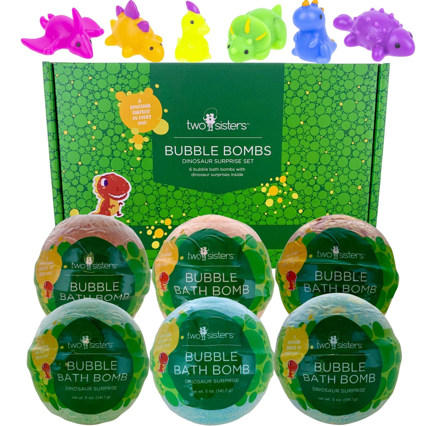 Dinosaur Bath Bombs for Kids with Surprise Toy Inside (6 Pack) - Bubble Bubble with Hidden Figures, Gentle and Safe, USA Made, Birthday Gift for Boys, Girls, and Teens by Two Sisters