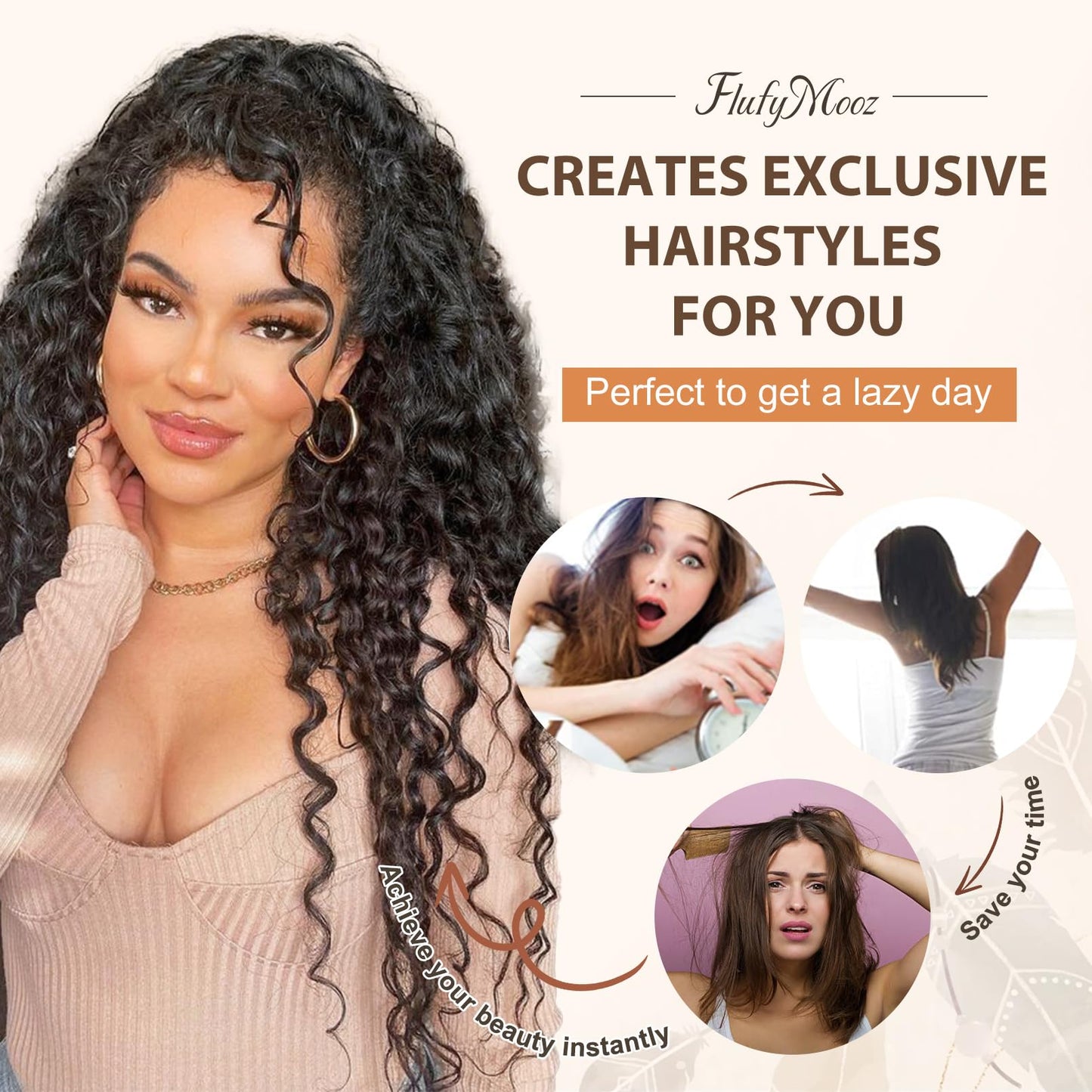 Flufymooz Ponytail Extension, 22 Inch Bohemian Style Drawstring Ponytail Hair Extensions for Women, Long Curly Wavy Pony Tail Natural Synthetic Hairpiece for Women (22 Inch Natural Black)