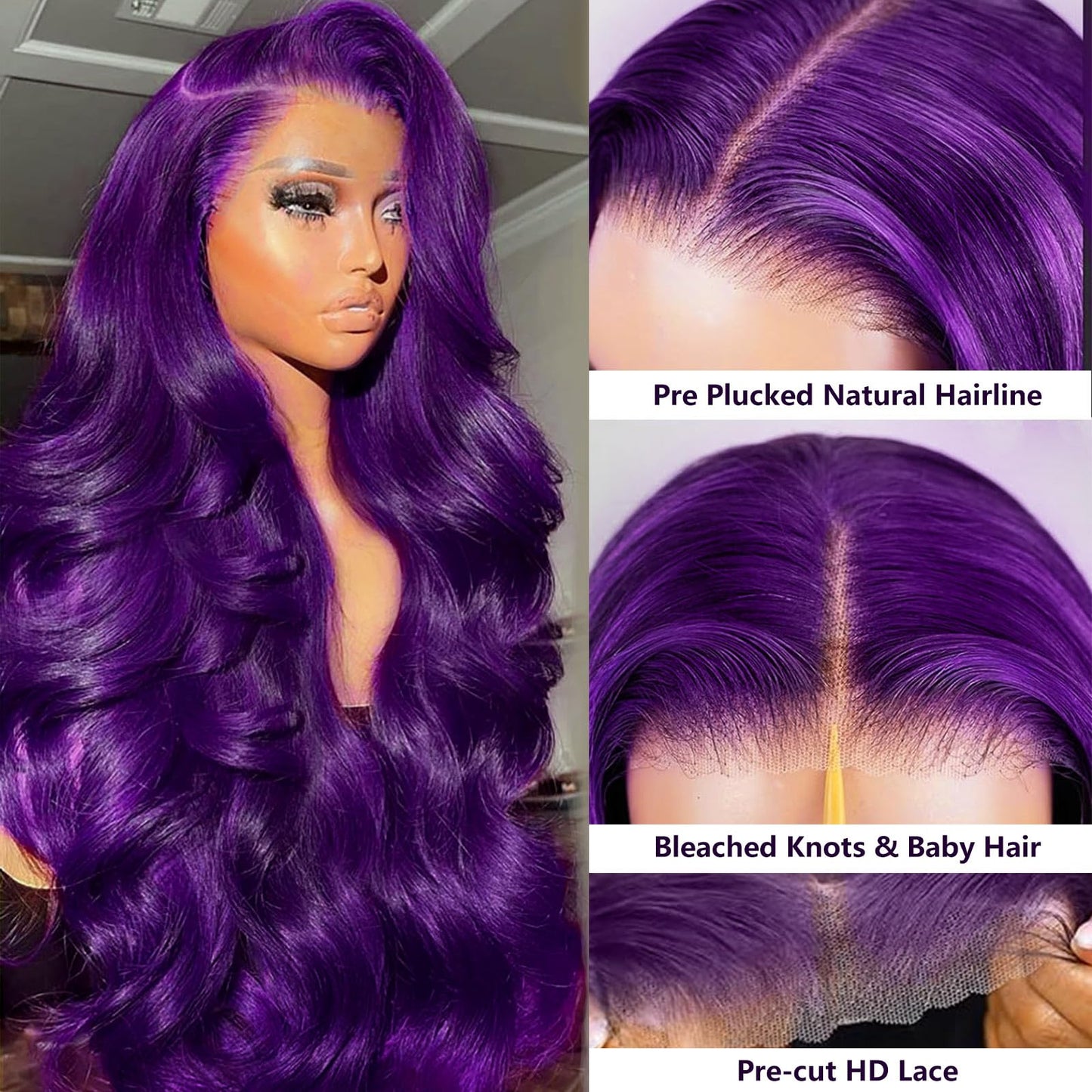 Glueless Purple Lace Front Wigs Human Hair for Women 5x5 Purple Body Wave Frontal Wigs 200% Density Pre Plucked HD Transparent Lace Closure Colored Human Hair Wig 18 Inch