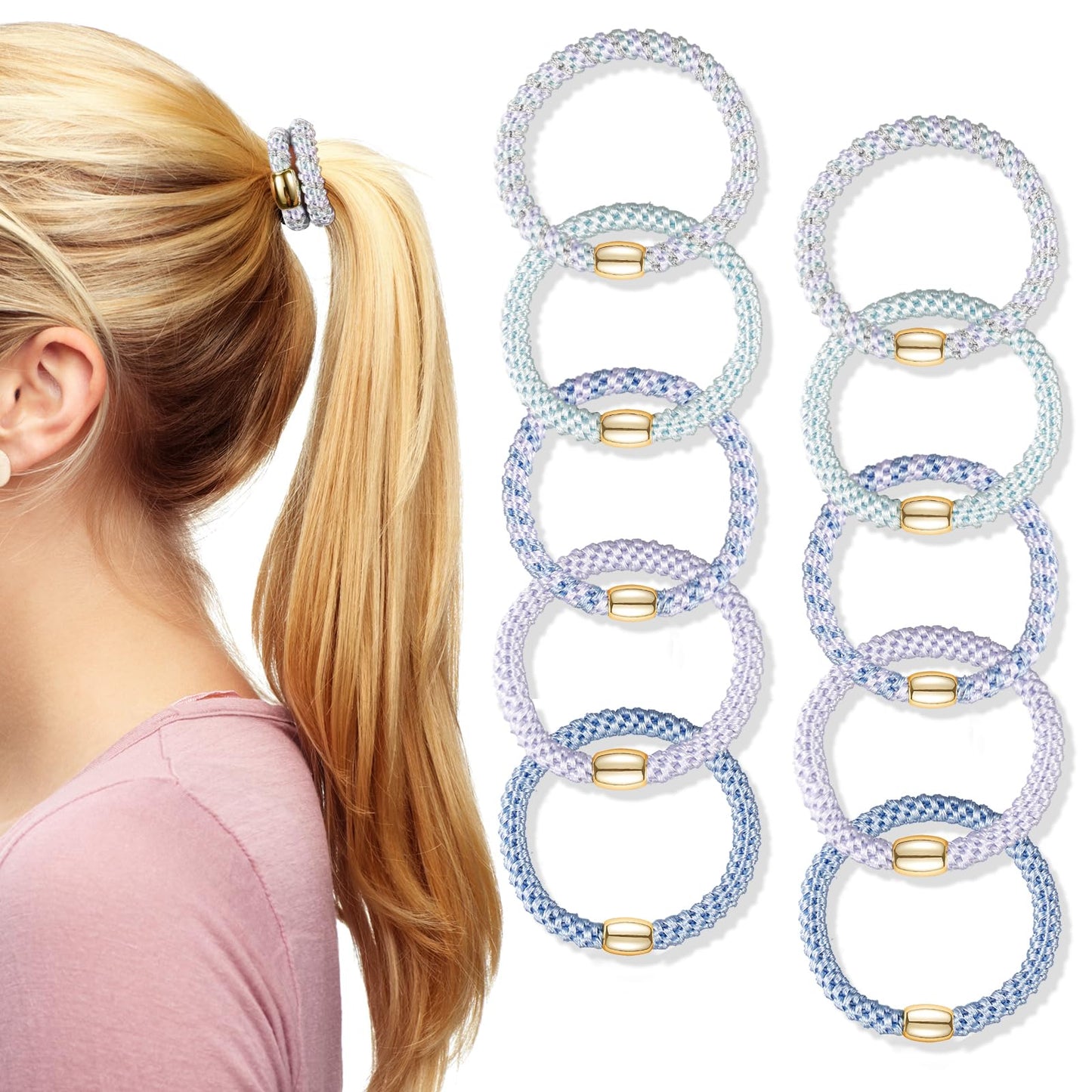 FORENEE Hair Ties No Damage - 10PCS Ponytail Holders - Elastic Hair Ties for Thick Hair - Braided Hair Bands for Women Girls's Hair - Blue Sky