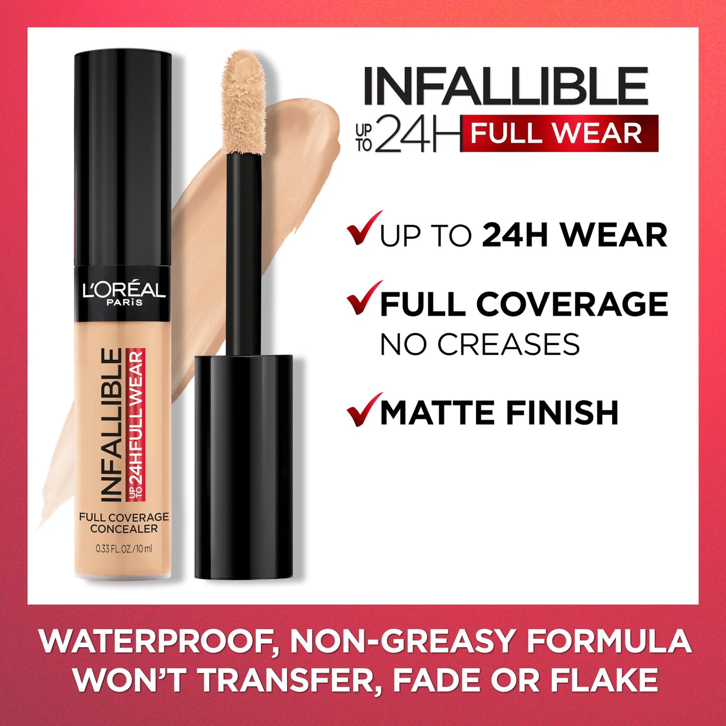 L'Oreal Paris Makeup Infallible Full Wear Waterproof Matte Concealer, Full Coverage, Bisque, 0.33 fl. oz.