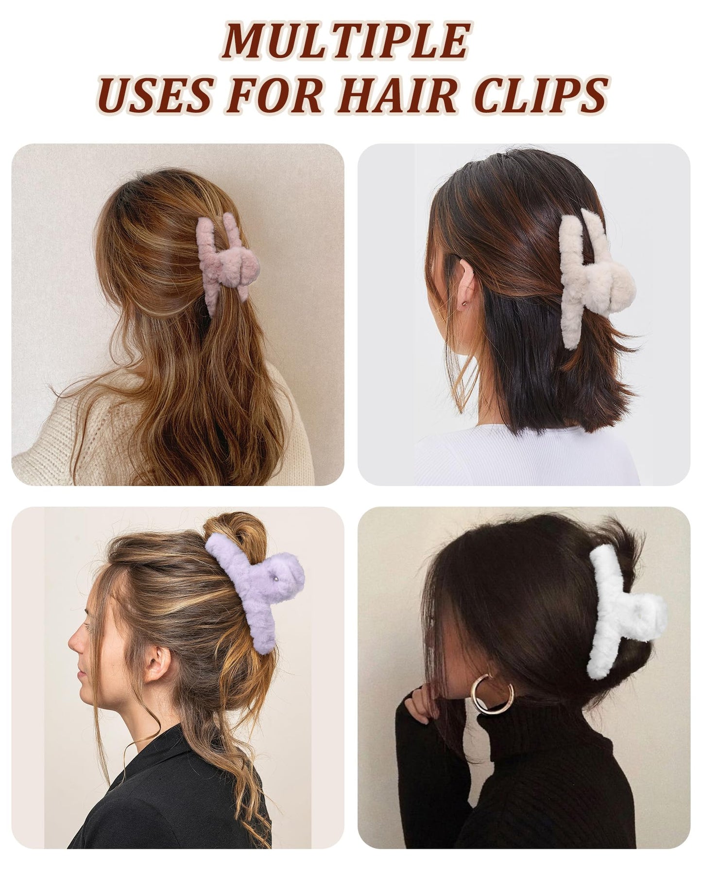 Plush Claw Clip for Thick Hair - 6 Pcs Rectangular Cute Hair Clips & Barrettes for Women, Large Non-Slip Jaw Clips for Thin Hair/Girls (Purple/Pink/Khaki/Light Pink/Beige)