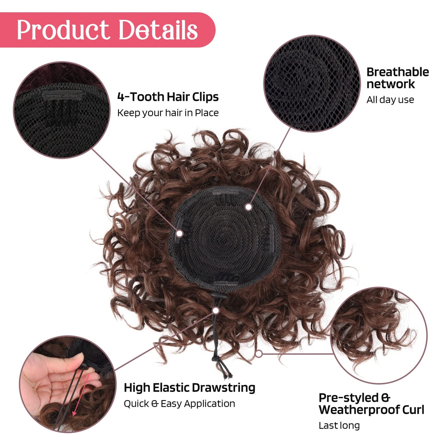 HOOJIH Curly Hair Bun, Messy Bun Hair Piece Elastic Drawstring Messy Bun Large Full Hair Bun Extension Hairpiece Short Synthetic Ponytail Extension for Women - Medium Cinnamon Brown