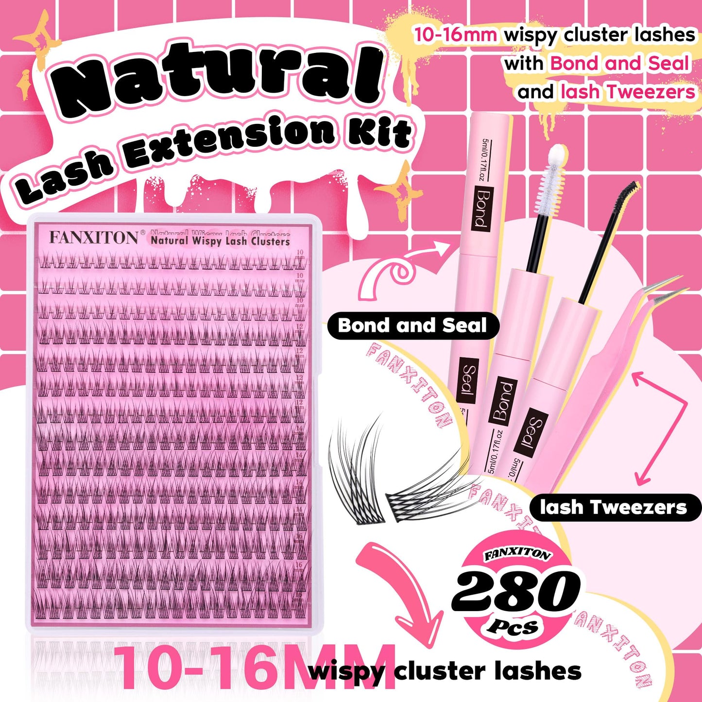 FANXITON Lash Clusters Kit Wispy Lashes Clusters Kit Natural C Lash Extensions Kit 280 Pcs Eyelash Clusters Kit with Lash Bond and Seal Tweezers Individual Lashes Kit