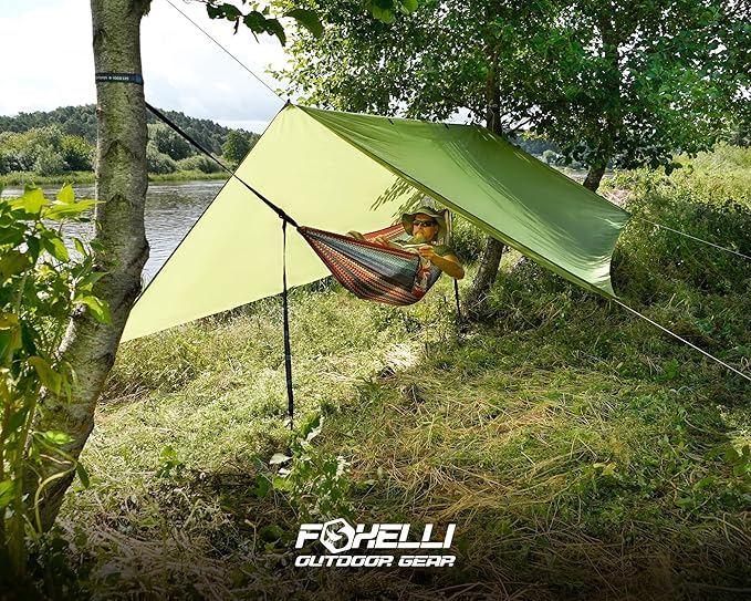 Foxelli Hammock Rain Fly - Waterproof Lightweight Tent & Hammock Rain Tarp for Camping, Backpacking w/Easy Setup Including Extra Long Guy Lines & Stakes