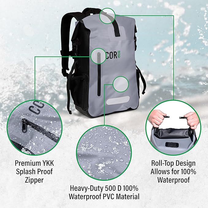COR Surf Waterproof Heavy Duty Backpack And Dry Bag Pack For Swimming, Boating Or Kayaking, Roll-top Design With Sonically Welded Seams And Padded Laptop Sleeve (25L, 18 x 13 x 7 Inches)