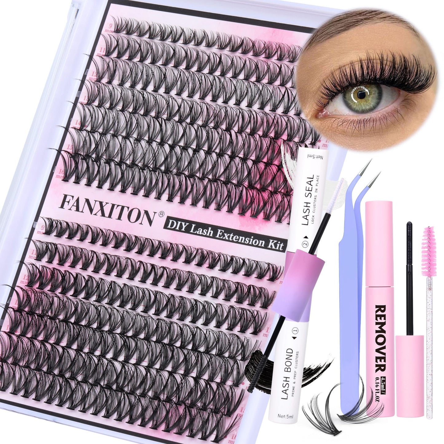 DIY Lash Extension Kit Natural Lash Clusters 30D+40D Mix 9-16 mm D Curl lndividual Lashes Lash Remover 280 pcs Wispy Eyelash Extension Kit with Lash Bond and Seal and Lash Tweezers by FANXITON