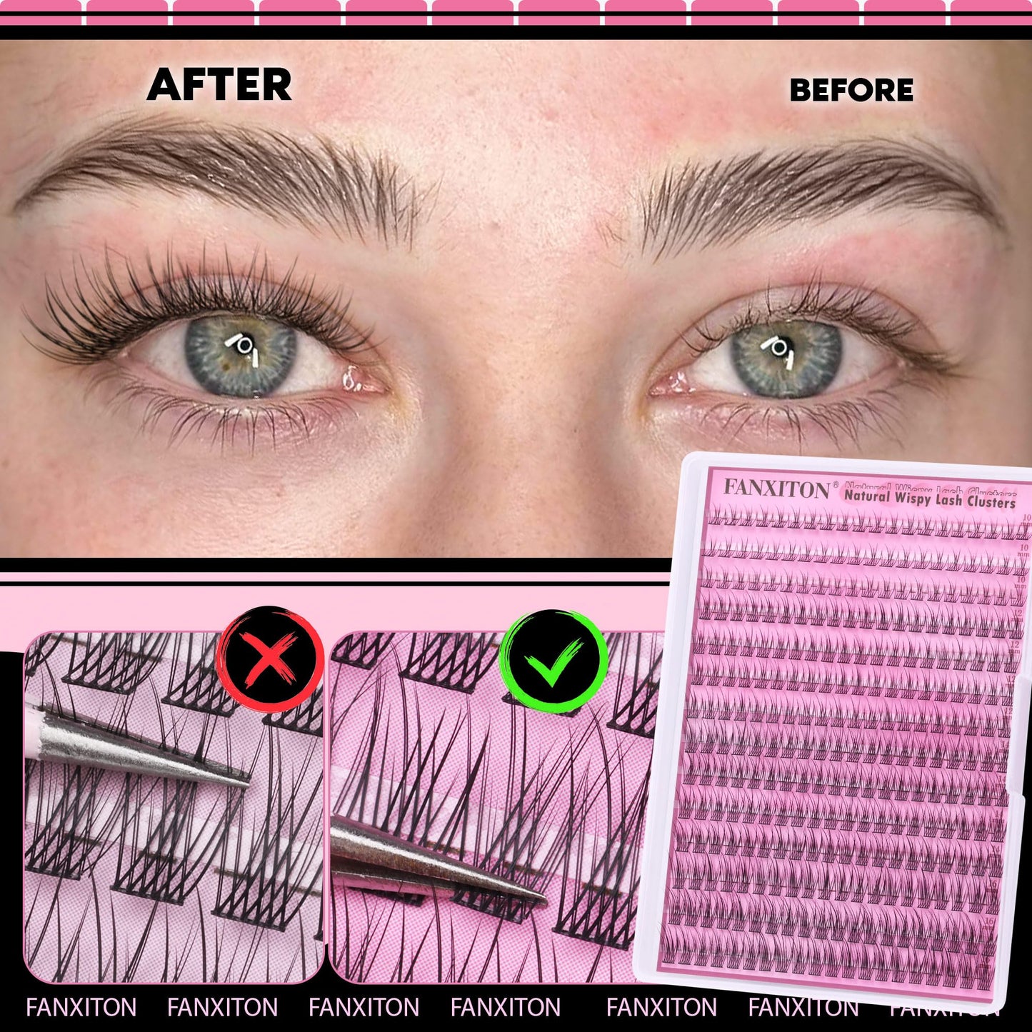 FANXITON Lash Clusters Kit Wispy Lashes Clusters Kit Natural C Lash Extensions Kit 280 Pcs Eyelash Clusters Kit with Lash Bond and Seal Tweezers Individual Lashes Kit