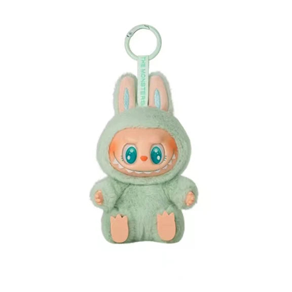 Plush toy with a character in a green bunny costume on a white background