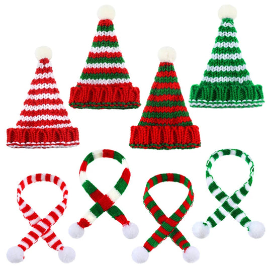 8pcs Mini Christmas Hat Scarf Set Christmas Tree Ornaments Santa Hat Scarf Cup Bottle Xmas Doll Crafts DIY Craft Art Decoration