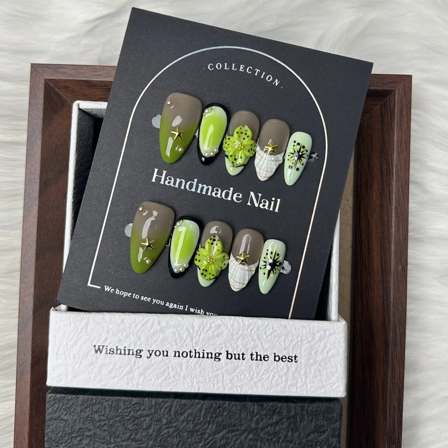 Gradient Green Floral Almond Nails