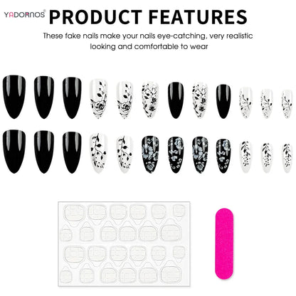 Black White Floral Almond Nails